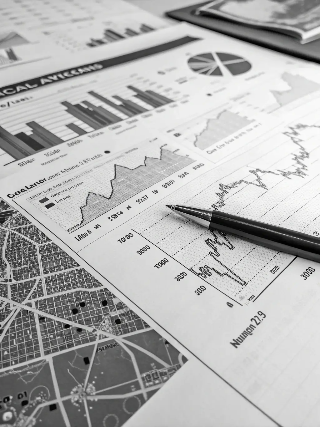 A black and white image of a financial model overlaid on a map of a city, illustrating East Pillar's data-driven approach to investment decisions.