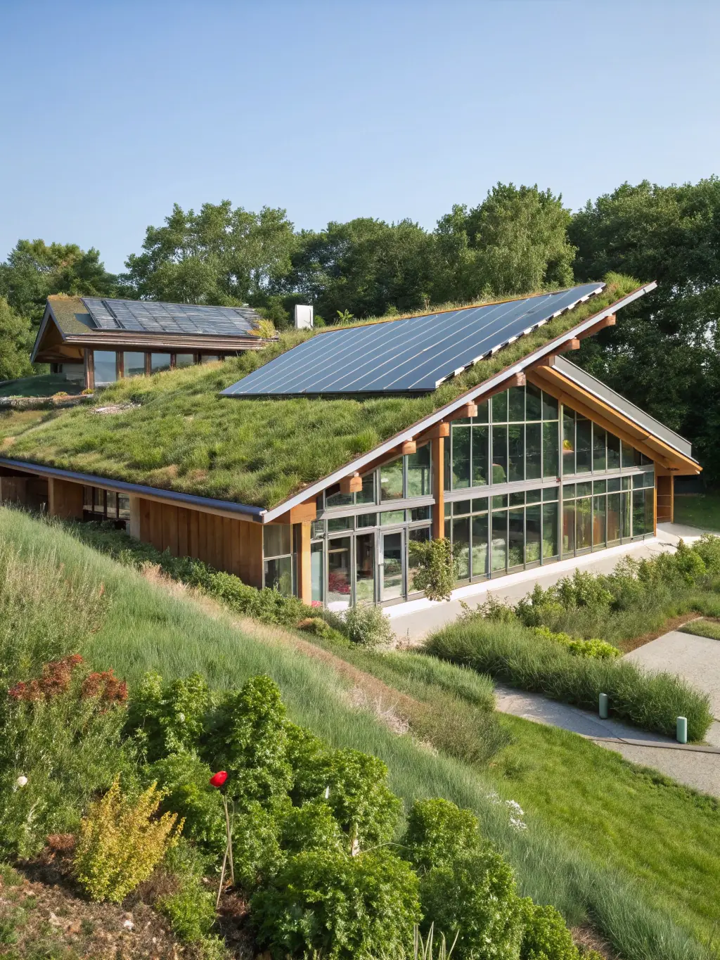 A photograph of a modern, eco-friendly commercial building with solar panels and green roofs, representing East Pillar's investment in cash-producing assets.