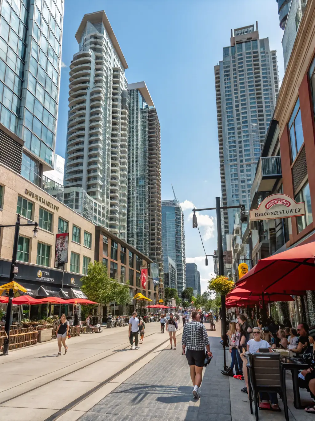 A vibrant, colorful photograph of a revitalized urban area with mixed-use developments, showcasing East Pillar's commitment to community development and value creation.