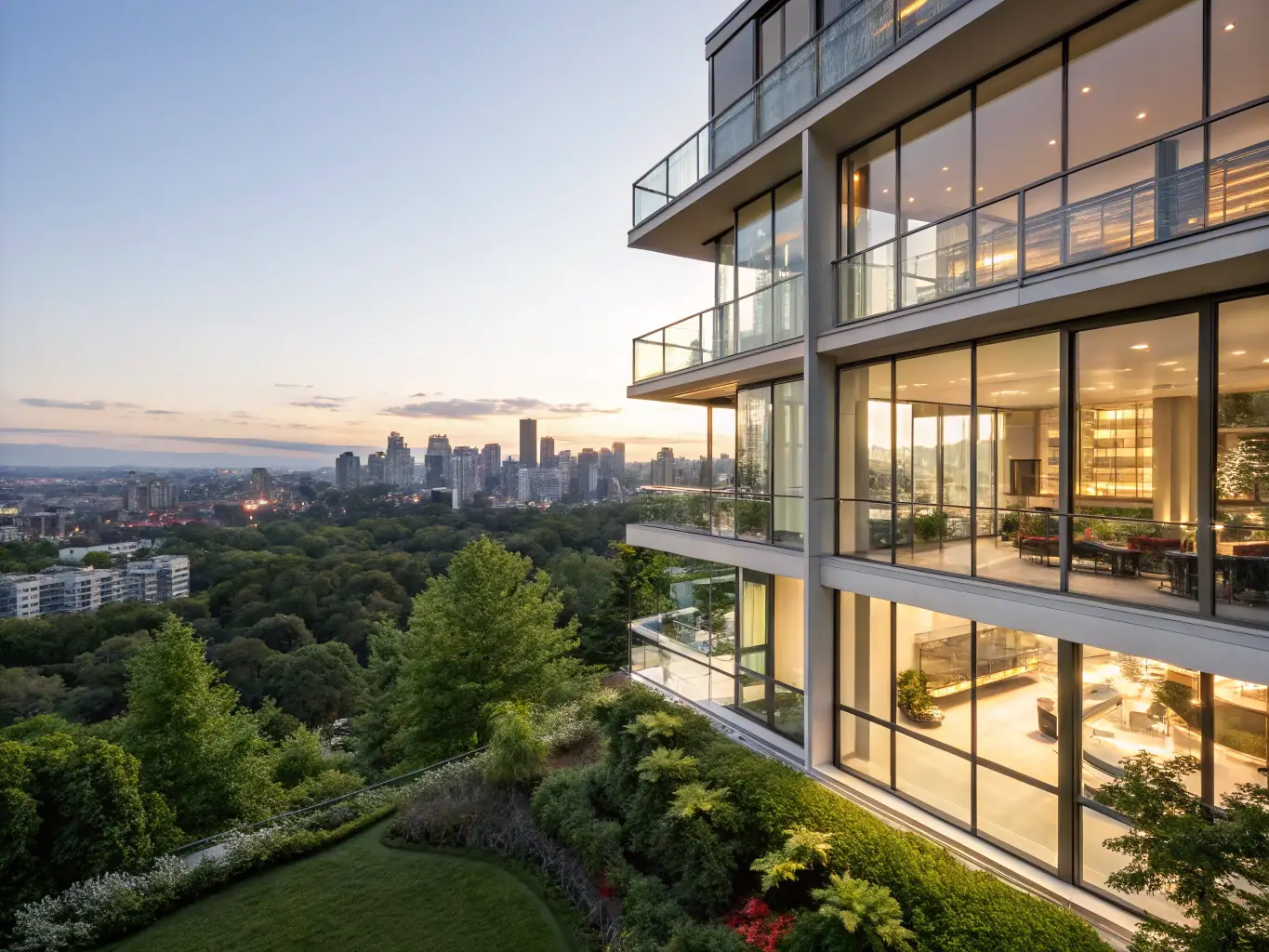A close-up shot of a newly constructed, modern apartment building with green spaces and solar panels, showcasing East Pillar's commitment to sustainable development. The image should convey a sense of community and environmental responsibility.