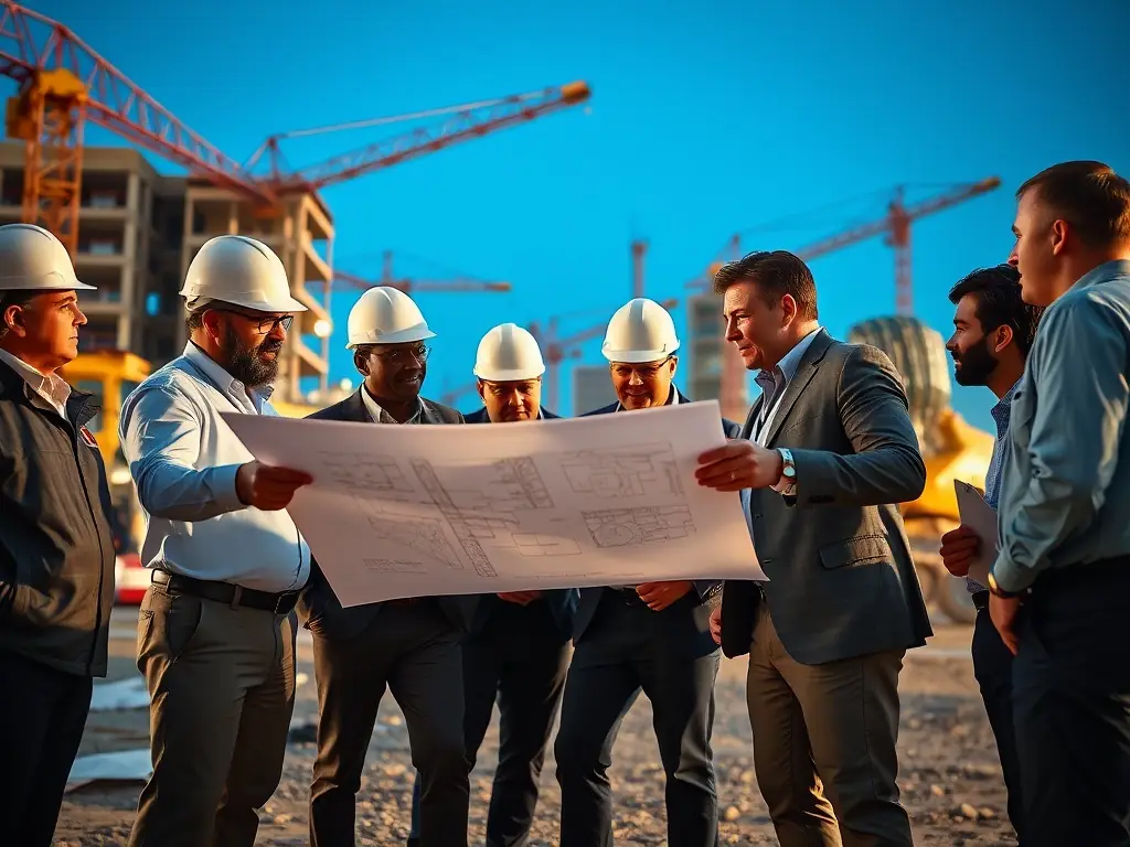 A high-angle, wide shot of a team of East Pillar executives reviewing blueprints on a construction site, with a modern, sustainable building design visible in the background. The scene is brightly lit, emphasizing the innovative and forward-thinking nature of the project.